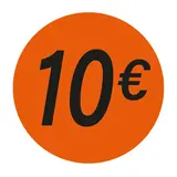 Pastille adhésive '10€' rond ø 36 mm, Orange fluo - Sticker promo - Lot de 500 - Étiquettes adhésives Soldes