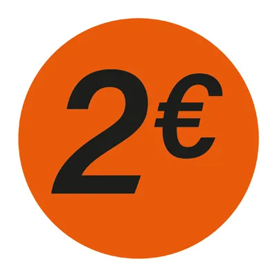 Pastille adhésive '2€' rond ø 36 mm, Orange fluo - Sticker promo - Lot de 500 - Gommettes adhésives évènementielles
