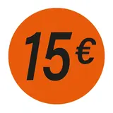 Pastille adhésive '15€' rond ø 36 mm, Orange fluo - Sticker promo - Lot de 500 - Étiquettes adhésives Soldes, Étiquettes promotionnelles