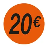 Pastille adhésive '20€' rond ø 36 mm, Orange fluo - Sticker promo - Lot de 500 - Étiquettes adhésives Soldes, Étiquettes promotionnelles