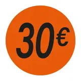 Pastille adhésive '30€' rond ø 36 mm, Orange fluo - Sticker promo - Lot de 500 - Gommettes adhésives évènementielles