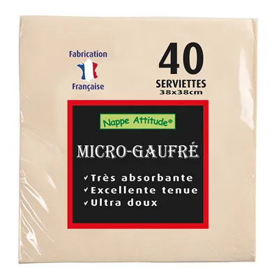 Serviette ouate micro-gaufrée 2 plis 38 x 38 cm - Serviette jetable - Serviette de table papier - Ivoire - Paquet de 40 - Serviettes jetables, Serviettes cocktails