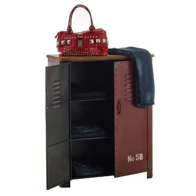 Buffet 2 portes bois / métal vieilli rouge style industriel 82 x 35,7 x 102 cm - Ligne Industrielle-3