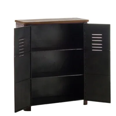Buffet 2 portes bois / métal vieilli rouge style industriel 82 x 35,7 x 102 cm - Étagères magasins, Présentoirs bois-2