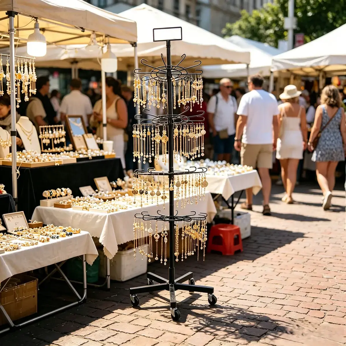 Présentoir tourniquet rotatif métal noir 4 étages 185cm – Support boutique sur roulettes - Présentoirs à bijoux multifonction-7