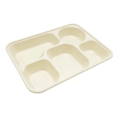 Plateau repas à emporter 5 compartiments 1400 ml fibre végétale 21 x 28 x 4 cm - Lot de 25 - Plateaux repas