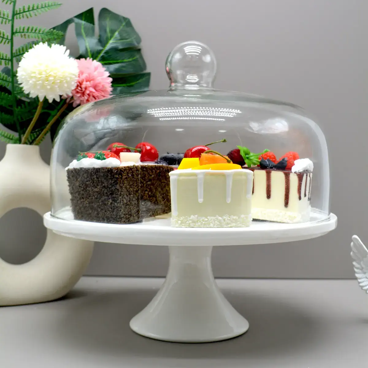 Cloche à gâteau en verre sur pied céramique ø 23 x H 24 cm - Présentoir gâteau sur pied - Blanc - Cloches à gâteaux, Présentoirs gâteaux-2