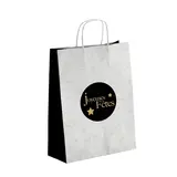Sac cadeau Noël Joyeuses Fêtes kraft blanc / noir / or 19 + 8 x 21,5 cm - Paquet de 50 - Sacs kraft à motifs