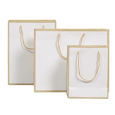 Sac papier luxe pelliculé blanc liseré or 18 + 10 x H 23 cm - Sac cadeau - Paquet de 20 - Sacs pelliculés poignées cordelette-2