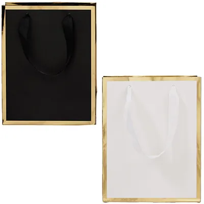 Sac cadeau premium pelliculé blanc liseré or 18 + 10 x H 22 cm - Sac papier luxe - Paquet de 20 - Sacs pelliculés unis, poignées ruban-2