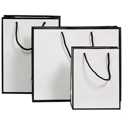 Sac papier luxe pelliculé blanc liseré noir 36 + 13 x H 30 cm - Sac cadeau - Paquet de 20 - Sacs pelliculés poignées cordelette-2