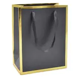 Sac cadeau premium pelliculé noir liseré or 18 + 10 x H 22 cm - Sac papier luxe - Paquet de 20 - Sacs pelliculés unis, poignées ruban