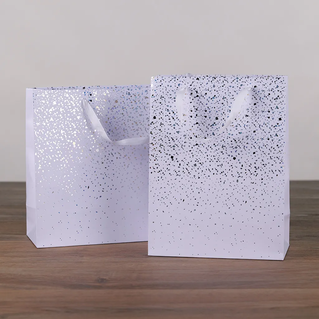 Sac cadeau pelliculé Terrazzo blanc / or / argent irisé 25 + 13 x H 33 cm - Paquet de 20 - Sacs pelliculés à motifs-3