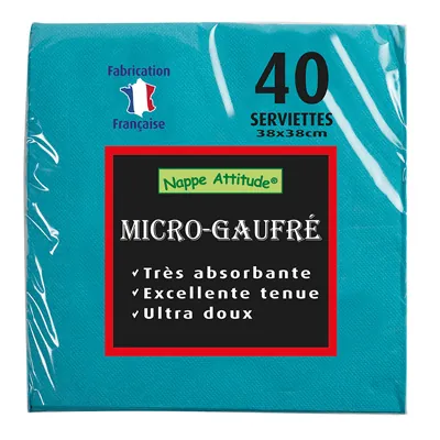 Serviette ouate micro-gaufrée 2 plis 38 x 38 cm - Serviette jetable - Serviette de table papier - Bleu turquoise - Paquet de 40 - Serviettes jetables, Serviettes cocktails