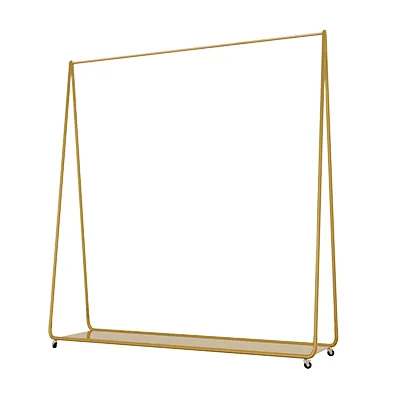 Portant vêtement droit fixe en métal doré 150 x 160 cm avec roulettes et tablette basse - Portants à vêtements droits