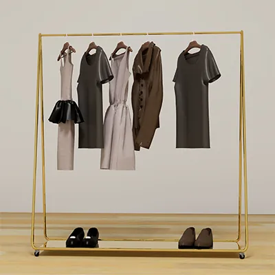 Portant vêtement droit fixe en métal doré 150 x 160 cm avec roulettes et tablette basse - Portants à vêtements droits-2