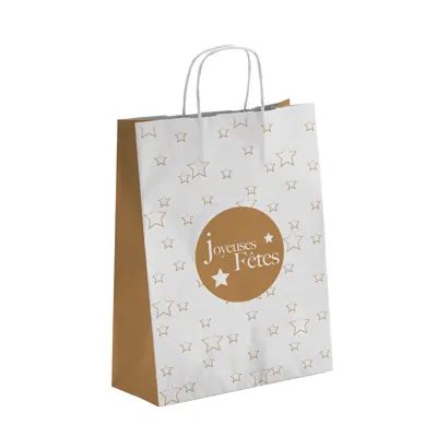 Sac cadeau Noël Joyeuses Fêtes kraft blanc / cuivre 19 + 8 x 21,5 cm - Paquet de 50 - Sacs kraft à motifs