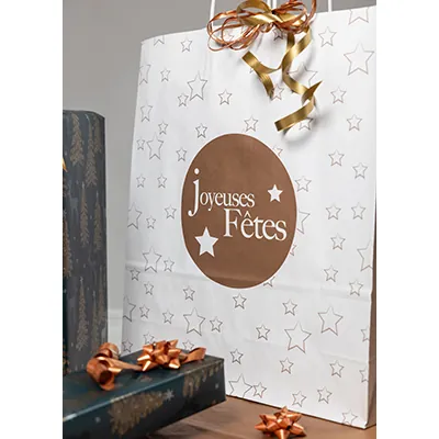 Sac cadeau Noël Joyeuses Fêtes kraft blanc / cuivre 25 + 12 x 31 cm - Paquet de 50 - Sacs kraft à motifs-2
