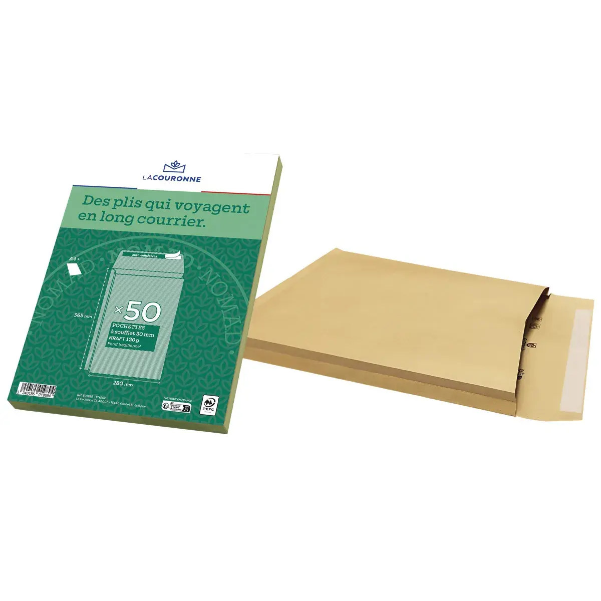 Pochette avec soufflets C4+ kraft brun sans fenêtre La Couronne 260 x 330 mm 120g – Paquet de 50 - Pochettes kraft-2