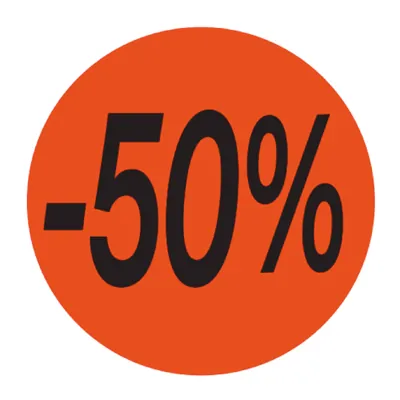 Pastille adhésive promo '-50%' rond ø 36 mm, Orange fluo - Sticker promo - Lot de 500 - Étiquettes adhésives Soldes, Étiquettes promotionnelles