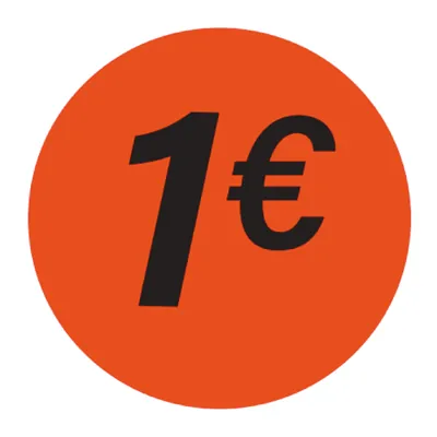 Pastille adhésive '1€' rond ø 36 mm, Orange fluo - Sticker promo - Lot de 500 - Étiquettes adhésives Soldes, Étiquettes promotionnelles