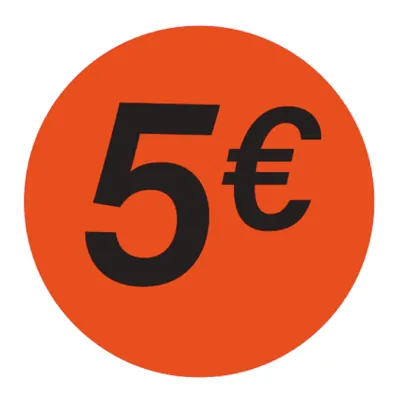 Pastille adhésive '5€' rond ø 36 mm, Orange fluo - Sticker promo - Lot de 500 - Étiquettes adhésives Soldes, Étiquettes promotionnelles