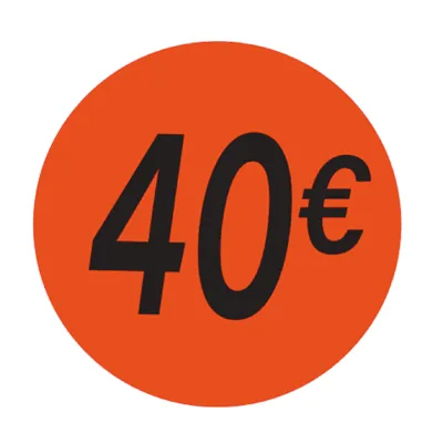 Pastille adhésive '40€' rond ø 36 mm, Orange fluo - Sticker promo - Lot de 500 - Étiquettes adhésives Soldes, Étiquettes promotionnelles