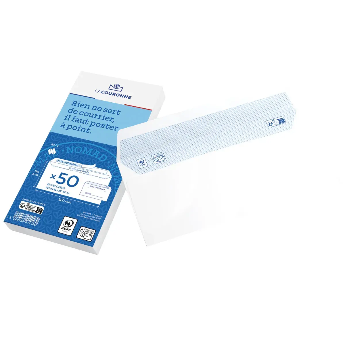 Enveloppe blanche DL 110 x 220 mm précasées 80g La Couronne - Paquet de 50 - Enveloppes blanches, Enveloppes kraft-2