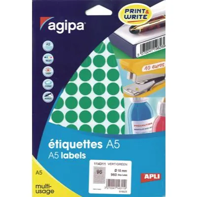 Pastille adhésive permanente Verte ø 15 mm Agipa - Pastille de signalisation - Étui de 960 - Gommettes de couleur