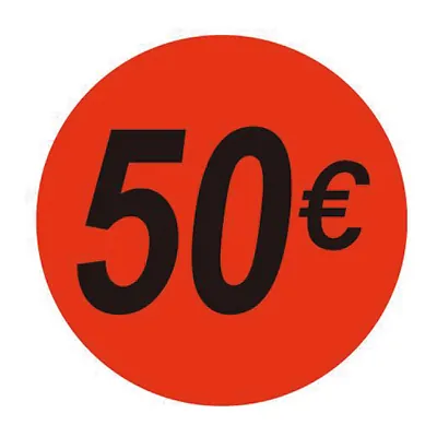 Pastille adhésive '50€' rond ø 36 mm, Orange fluo - Sticker promo - Lot de 500 - Étiquettes adhésives Soldes, Étiquettes promotionnelles