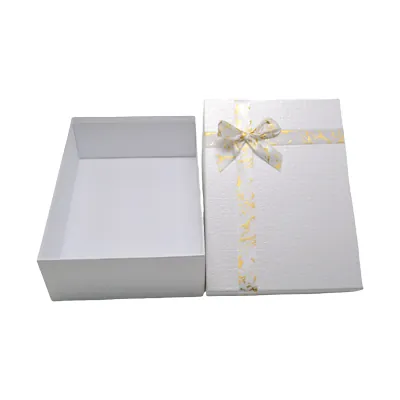 Boîte cloche cadeau blanc texturé, couvercle nœud or – 23 x 17 x 6,5 cm – Paquet de 4 - Boites cloches-4