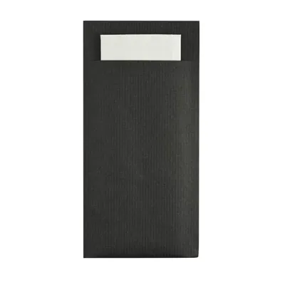 Pochette à couverts noire + serviette blanche 10 x 20 cm – Lot de 60 - Serviettes jetables, Serviettes cocktails