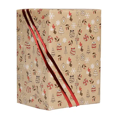 Papier cadeau Oriane kraft brun décor Noël rouge 70 cm x 50 m 60 g/m² - le rouleau - Papiers cadeaux kraft à motifs-3