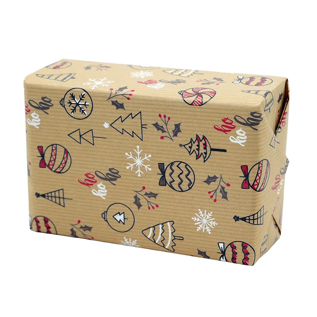 Papier cadeau Oriane kraft brun décor Noël rouge 70 cm x 50 m 60 g/m² - le rouleau - Papiers cadeaux kraft à motifs-5
