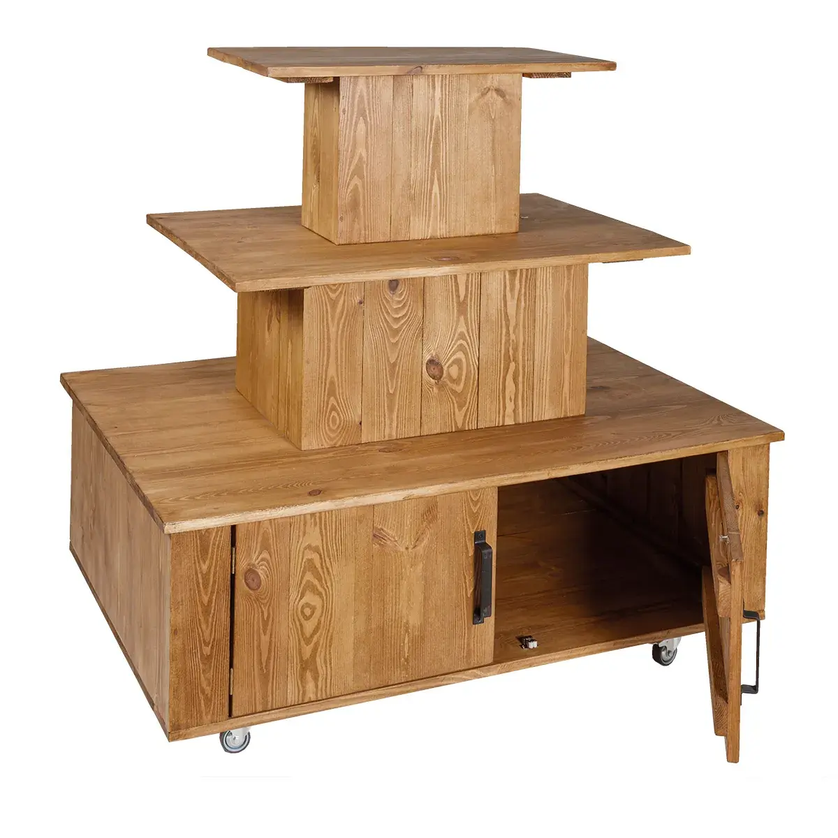 Présentoir central à roulettes 3 niveaux bois massif 119 x 79 x 110 cm - Podium de présentation mobile - Podiums-2