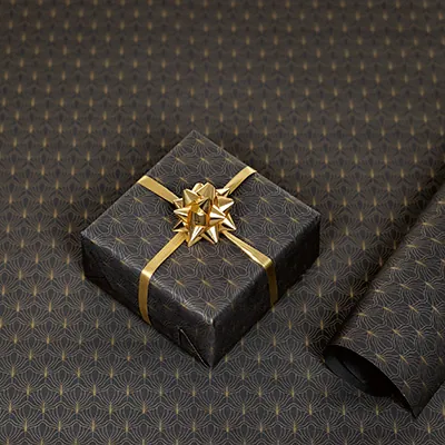 Papier cadeau Art Déco couché blanc 70 cm x 50 m, noir / or, 80 g/m² - Papier cadeaux couchés à motifs-2