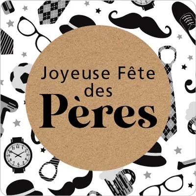 Étiquette cadeau adhésive Joyeuse Fête des Pères 35 x 35 mm Blanc / Noir - Boîte de 500 - Étiquettes cadeaux adhésives