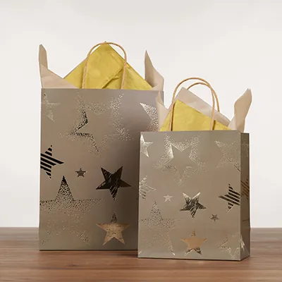Sac cadeau kraft poignées torsadées vert olive à motif étoiles 24 + 10 x 31 cm - Paquet de 20 - Sacs kraft luxe-2