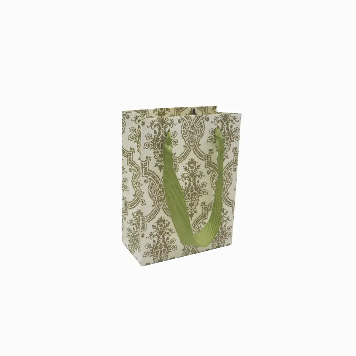 Sac luxe blanc / vert motif baroque et poignées ruban – L 12 x P 6 x H 16 cm – Paquet de 20 - Sacs kraft luxe