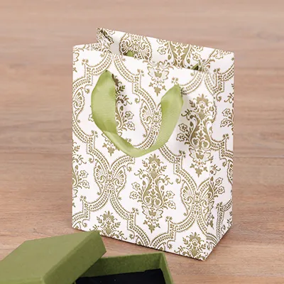 Sac luxe blanc / vert motif baroque et poignées ruban – L 12 x P 6 x H 16 cm – Paquet de 20 - Sacs kraft luxe-2