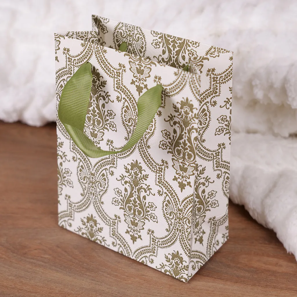 Sac luxe blanc / vert motif baroque et poignées ruban – L 12 x P 6 x H 16 cm – Paquet de 20 - Sacs kraft luxe-3