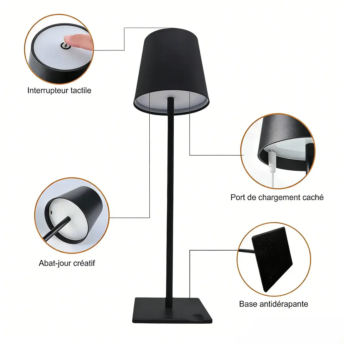 Lampe de table sans fil rechargeable noire IP44 5W 3,7V 1200mAh 3000 / 4500 / 6500K – Lampe à poser LED sans fil - Luminaires professionnels-8