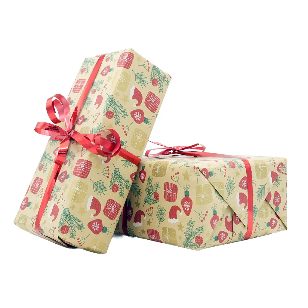 Papier cadeau kraft brun motifs Noël rouge/vert 70 cm x 50 m 65 g/m² – le rouleau - Papiers cadeaux kraft à motifs-4