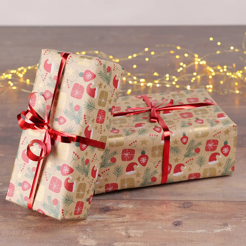 Papier cadeau kraft brun motifs Noël rouge/vert 70 cm x 50 m 65 g/m² – le rouleau - Papiers cadeaux kraft à motifs-5