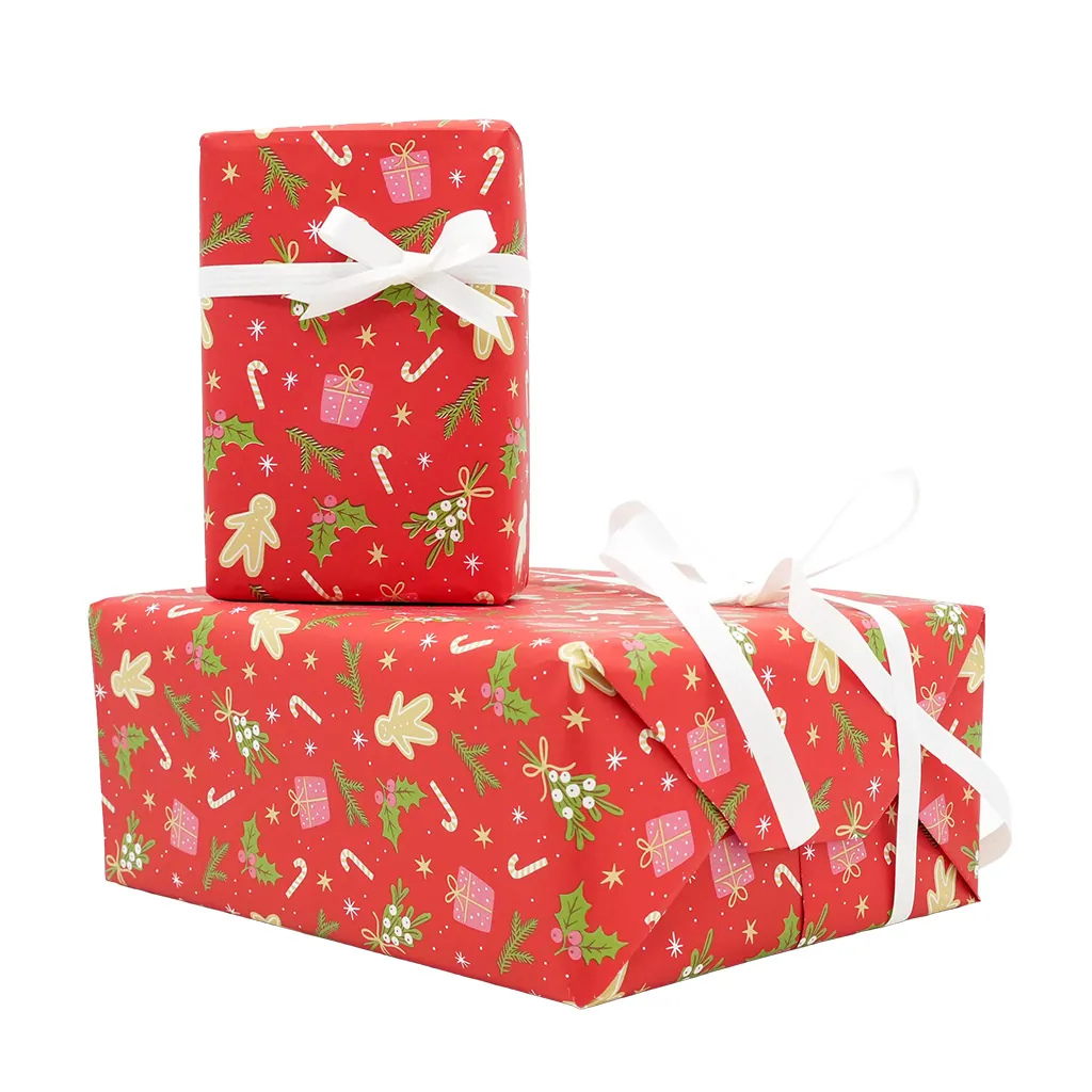 Papier cadeau couché rouge motifs Noël vert 70 cm x 50 m 80 g/m² – le rouleau - Papier cadeaux couchés à motifs-3