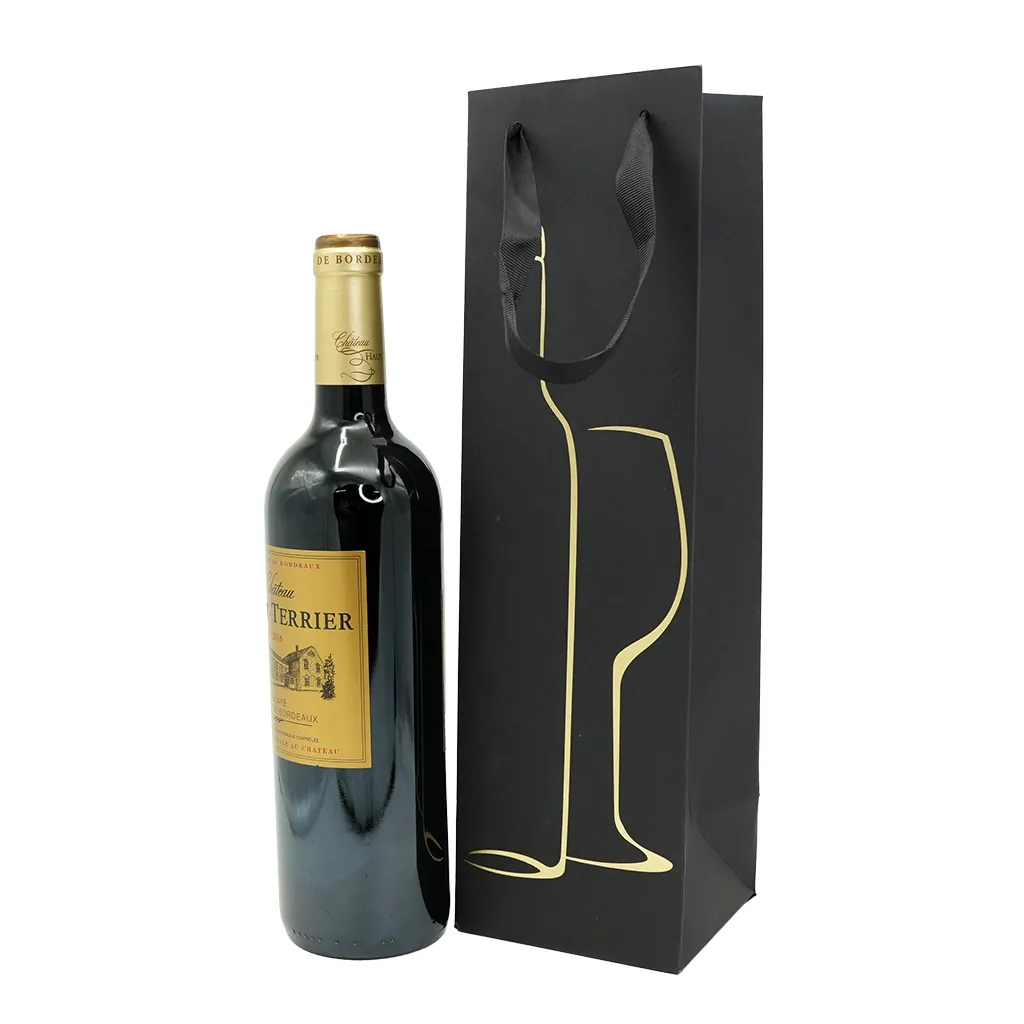 Sac 1 bouteille Noir/Or ruban satiné 10,5x10x36cm - Paquet de 20 - Sacs pour bouteilles de vin-3