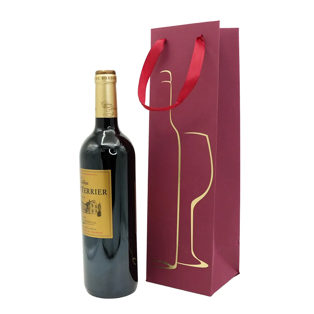 Sac 1 bouteille bordeaux/or poignées ruban bordeaux 10,5x10x36cm – Paquet de 20 - Sacs pour bouteilles de vin-2