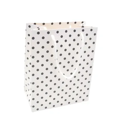 Sac pelliculé blanc à pois noirs poignées cordelette 18 x 10 x 23 cm – Paquet de 20 - Sacs pelliculés à motifs