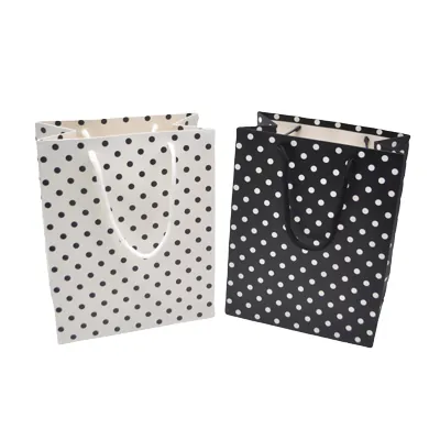 Sac pelliculé blanc à pois noirs poignées cordelette 18 x 10 x 23 cm – Paquet de 20 - Sacs pelliculés à motifs-2
