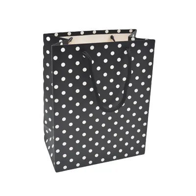 Sac pelliculé noir à pois blancs poignées cordelette noires 18 x 10 x 23 cm – Paquet de 20 - Sacs pelliculés à motifs